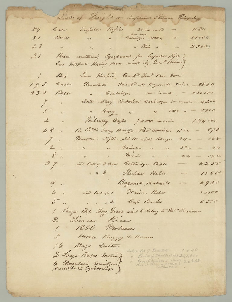 Item #7750 List of Freight on Captured Steamer Fairplay.