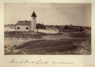 Set of four Nantucket photos, including a museum interior, sharks on the beach, Brant Point Light, and Nantucket Harbor.