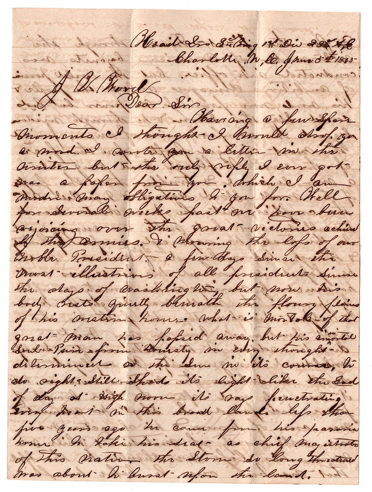 Item #7835 [Autograph letter, signed, eulogizing Abraham Lincoln.]. S. J. Heatherly.