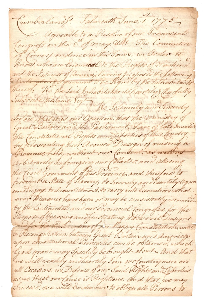 Item #7837 [Manuscript copy of a declaration made by the citizens of Falmouth in the northern part of Massachusetts-Bay (now Portland, Maine), swearing to uphold the measures suggested by the Continental Congress and oppose the “evil designs” of Great Britain].