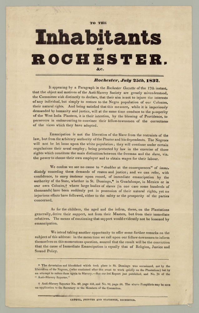 Item #7847 To the Inhabitants of Rochester, &c. Anti-Slavery Society, printer Caddel, Samuel.