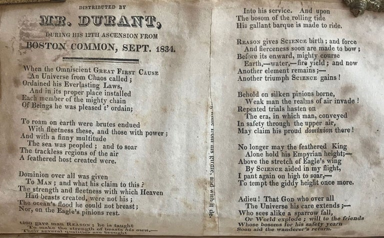 Item #7913 Distributed by Mr. Durant, during his 12th ascension from Boston Common, Sept. 1834. W. Haydon Jr.
