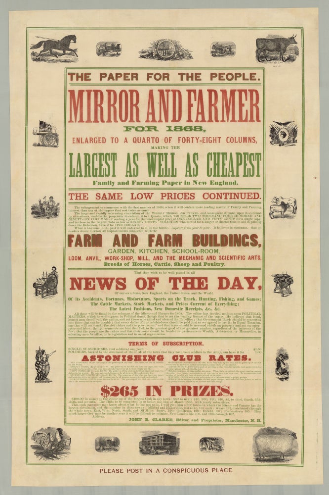 Item #7929 The Paper for the People. Mirror and Farmer for 1868…. John B. Clarke.