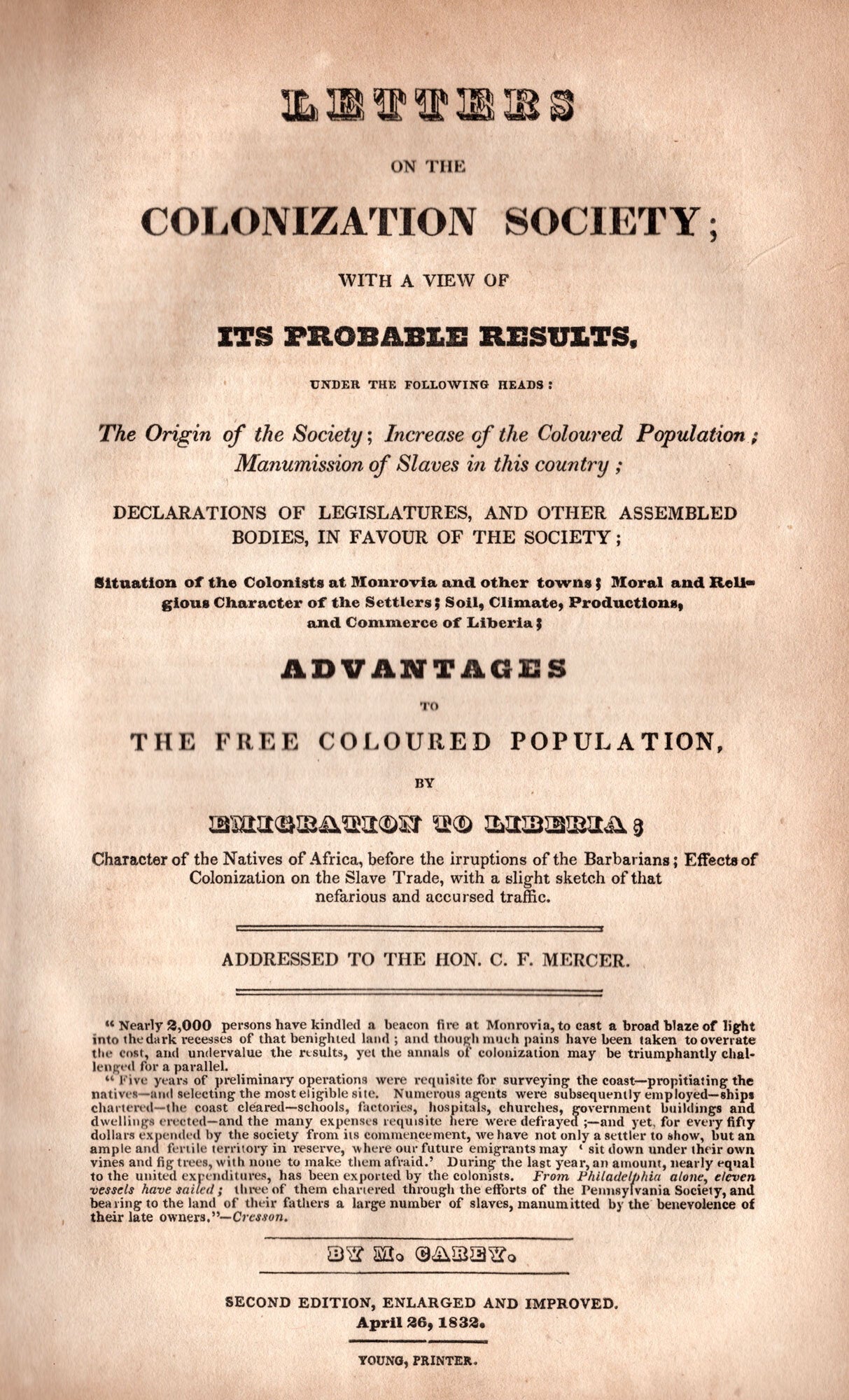 Letters of the Colonization Society; With a View of Its Probable ...
