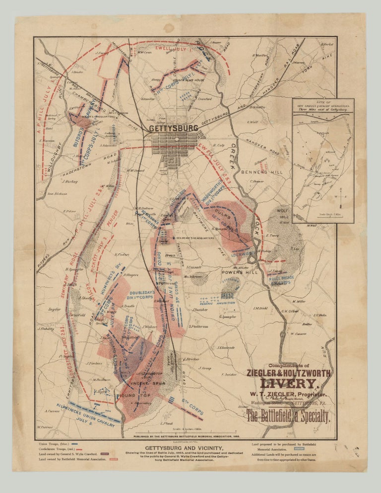 Item #8084 Gettysburg and Vicinity: showing the lines of battle July, 1863, and the land purchased and dedicated to the public by General S. Wylie Crawford and the Gettysburg Battlefield Memorial Association. Gettysburg Battlefield Memorial Association.