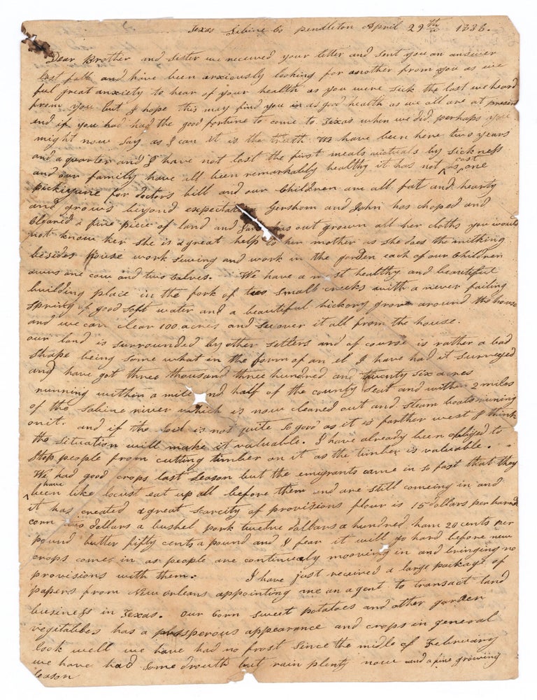 Item #8207 Autograph letter, incomplete, from an early Texas settler. With additional incomplete letter from John Cheveral, Texas. Unknown, John and Catherine Cheveral, John, Catherine Cheveral.