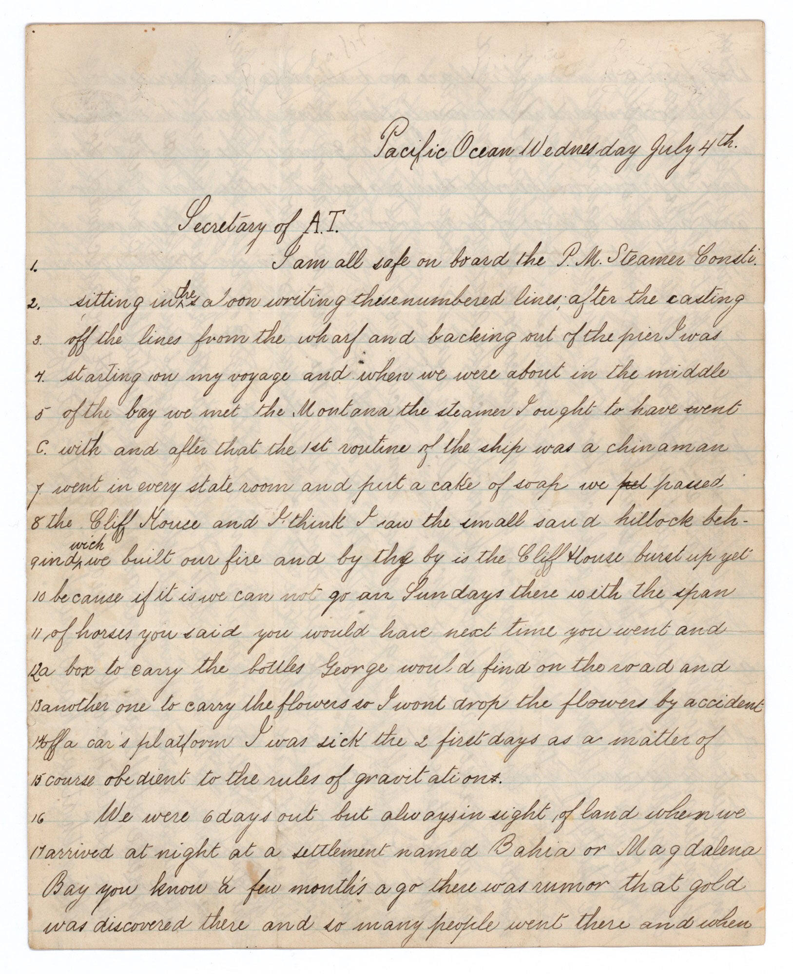 Autograph letter, signed, describing Baja, California and towns on the ...