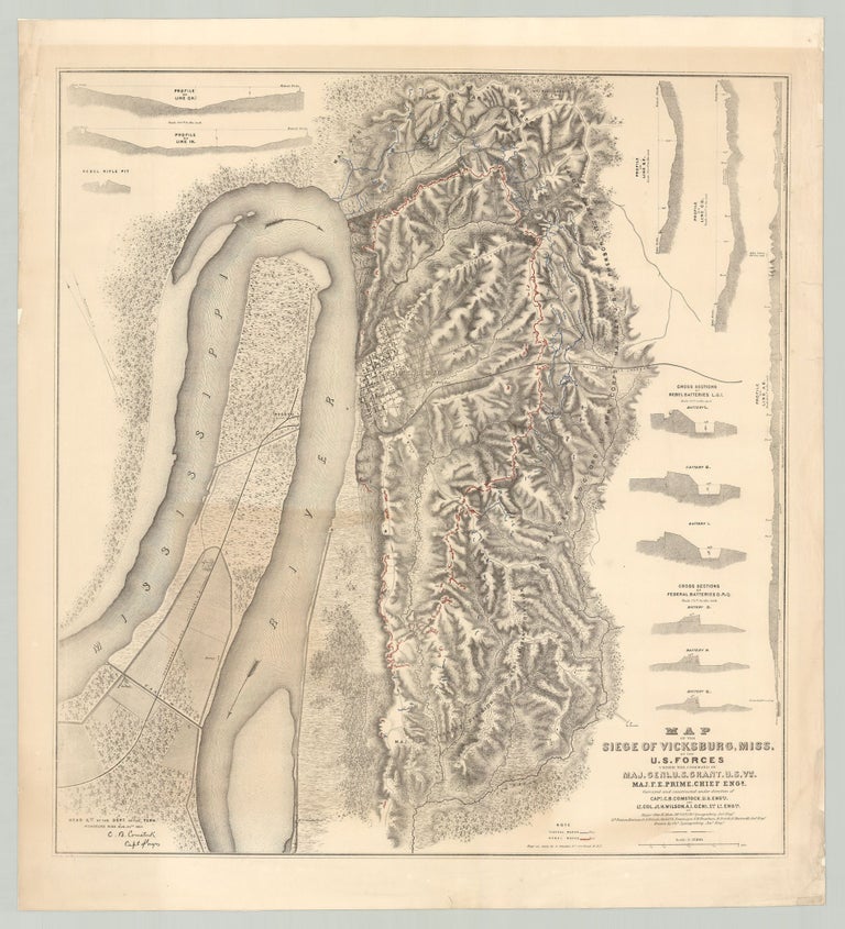 Item #8328 Map of the Siege of Vicksburg, Miss. by the U. S. Forces Under the Command of Maj. Genl. U. S. Grant, U. S. Vls. Maj. F. E. Prime. Chief Engr. Charles Spangenberg, draftsman, Capt. Cyrus B. Comstock, et. al. Lt. Col. James. H. Wilson, lithographer Joseph Schedler.