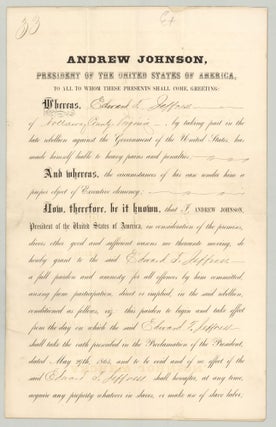 Item #8383 [Freedmen’s contract with Civil War Pardon for their former owner.]. President...