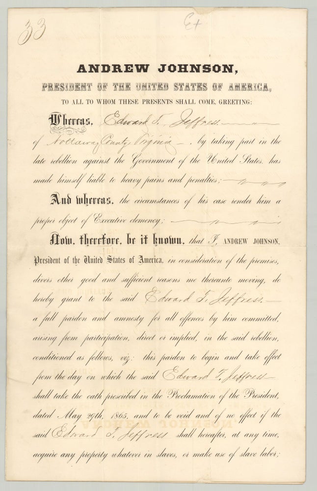 Item #8383 [Freedmen’s contract with Civil War Pardon for their former owner.]. President Andrew Johnson, Edward T. Jefress.