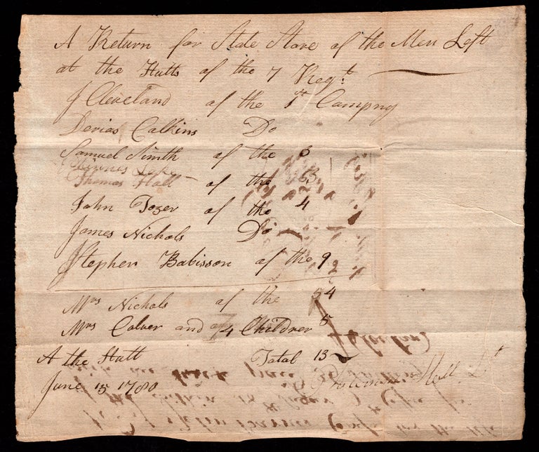 Item #8485 A Return for the State Store of the Men left at the Hutts of the 7th Regt. Corporal Cleveland, osiah.