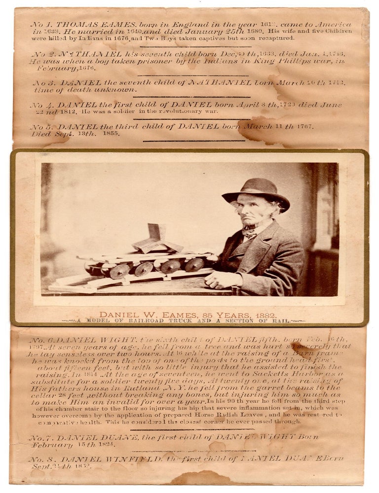 Item #8729 [Eames family genealogical broadside incorporating a cabinet card photograph, apparently as issued, with particular attention to Daniel W. Eames.]. Eames family member.