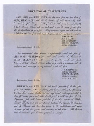 Item #8748 Dissolution of Copartnership. John Grigg and Hugh Elliot this day retire…The...
