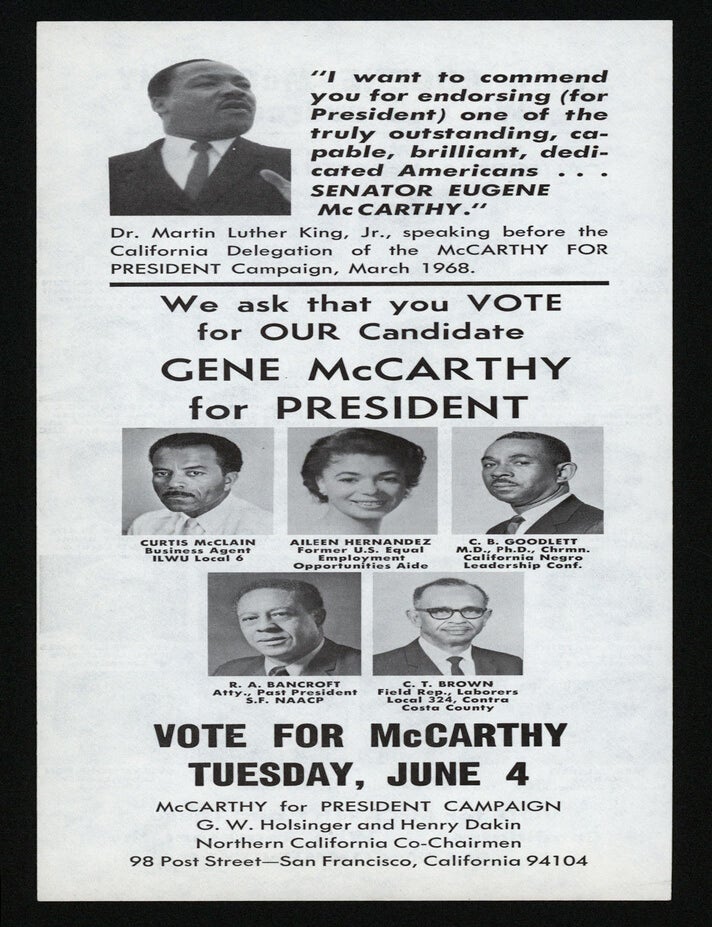 Item #8755 [Broadsheet promoting presidential candidate Eugene McCarthy in the 1968 California primary, directed at African American voters.]