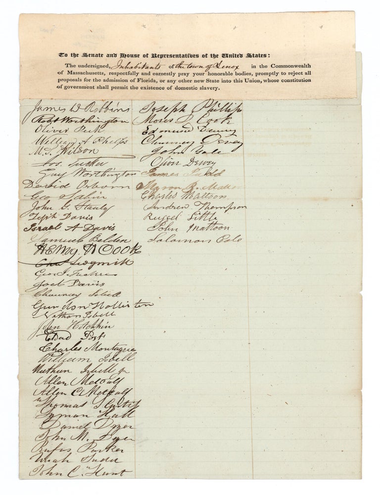 Item #8796 Partially printed petition, signed by inhabitants of Lenox, Mass., against the admission of Florida into the Union.