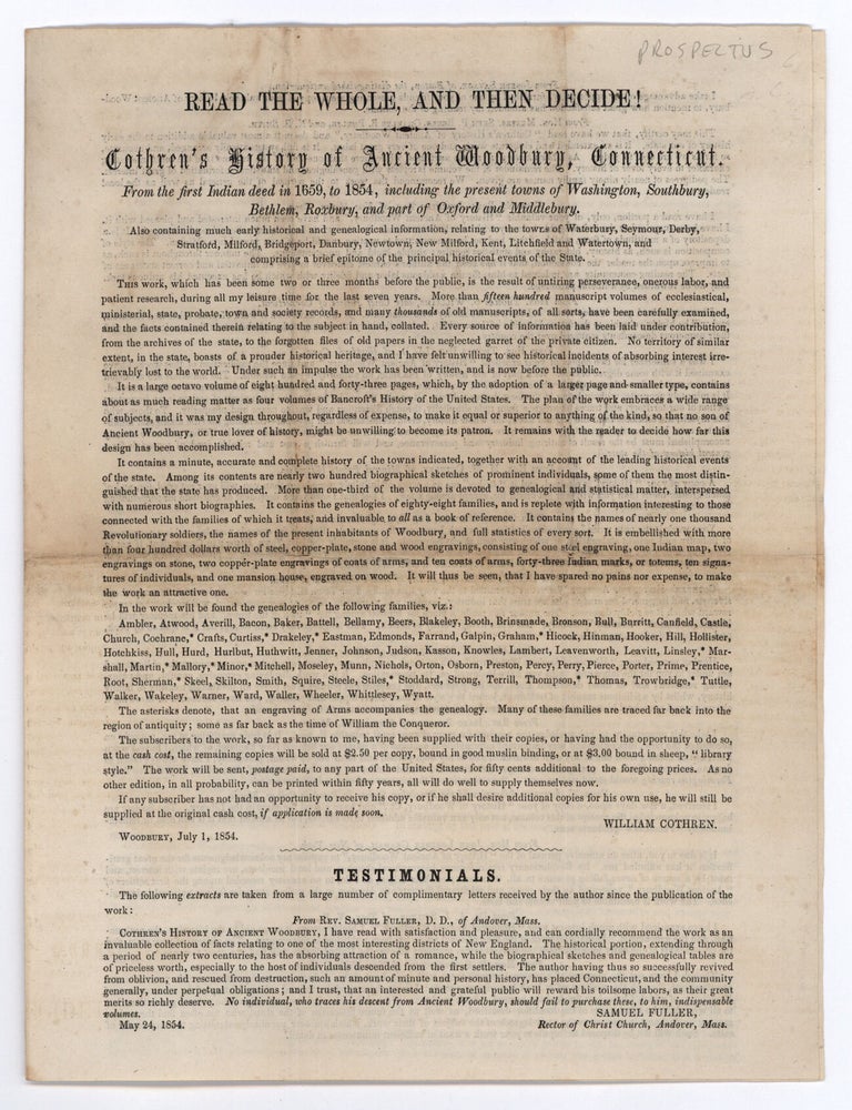 Item #8818 Read the Whole, and Then Decide! Cothren's History of Ancient Woodbury, Connecticut…. William Cothren.