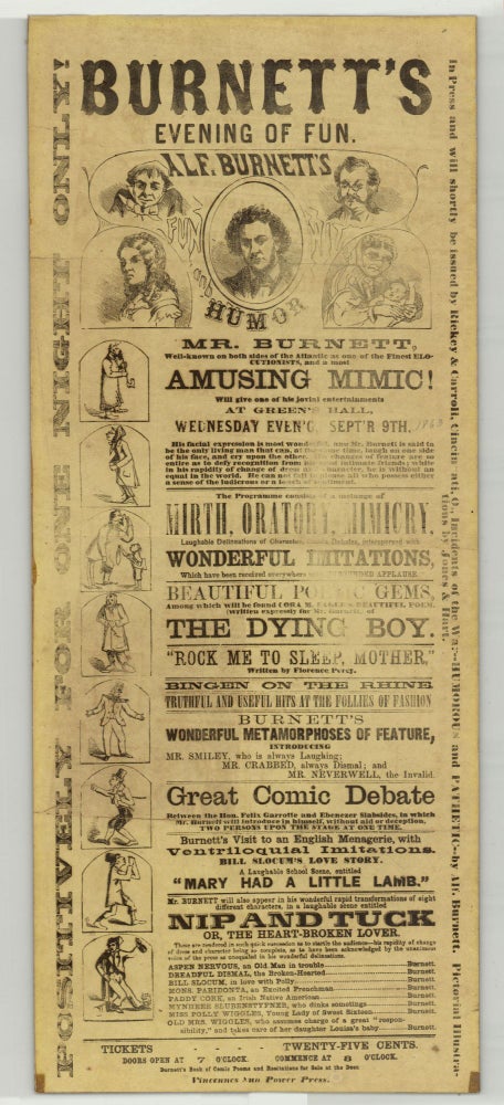 Item #8838 Burnett's Evening of Fun…Mr. Burnett, Well-known on both sides of the Atlantic as one of the finest elocutionists and a most amusing mimic!