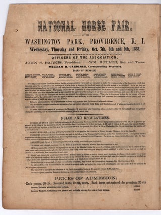National Horse Fair! at the Washington Park, Providence, R. I. on Wednesday, Thursday and Friday, October 7, 8 and 9, 1863, Under the Park Management of the Washington Park Association.