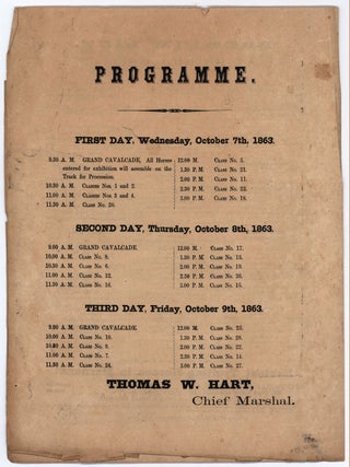 National Horse Fair! at the Washington Park, Providence, R. I. on Wednesday, Thursday and Friday, October 7, 8 and 9, 1863, Under the Park Management of the Washington Park Association.