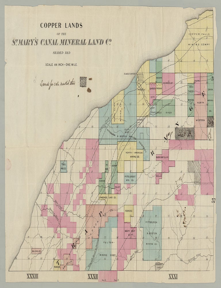 Item #8893 Copper Lands of the St. Mary’s Canal Mineral Land Co. Shaded Red. St. Mary’s Canal Mineral Land Co.