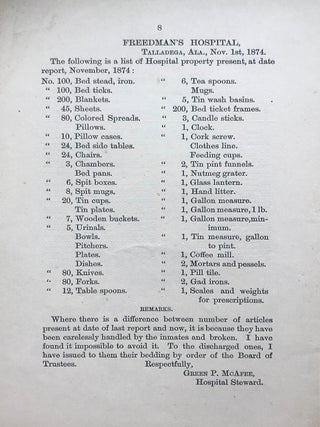 Annual Report of the Freedman’s Hospital, Near Talladega, Alabama. For the Year 1874.