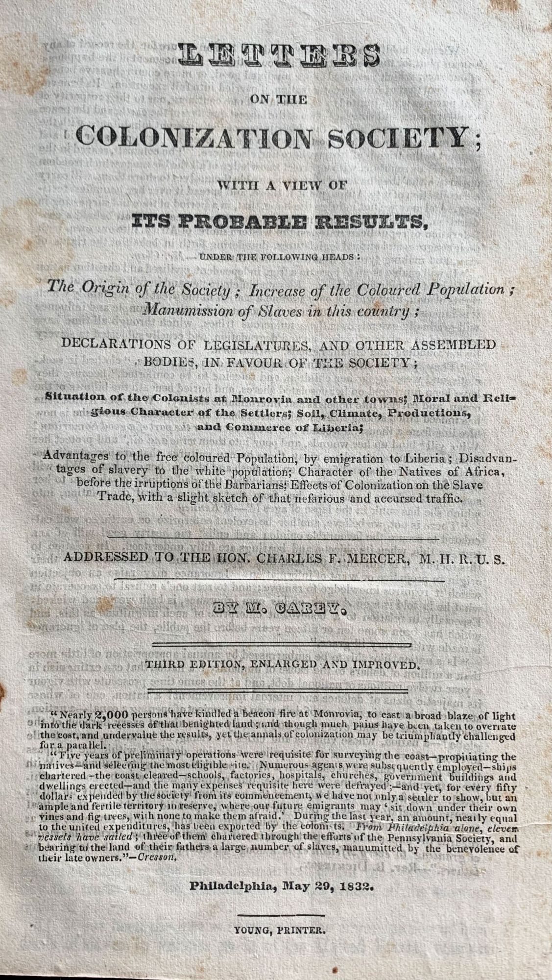 Letters of the Colonization Society; With a View of Its Probable ...