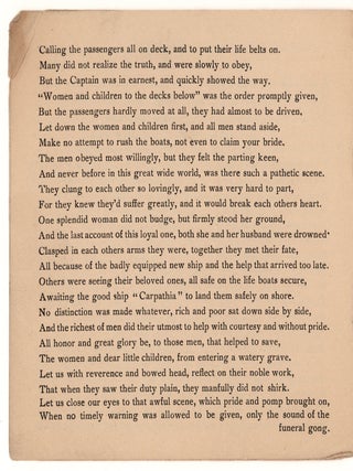 A Memorial of the Titanic Disaster Portrayed In Rhyme. Founded On Facts.