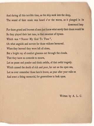 A Memorial of the Titanic Disaster Portrayed In Rhyme. Founded On Facts.
