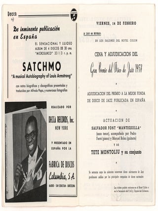 Hot Club de Barcelona Club 49 Agrupación de Discofilos del F.A.D. * Programa de Los Actos Organizados con Motivo Del Gran Premio del Disco de Jazz 1957 del 10 Al 18 de Febrero de 1958.