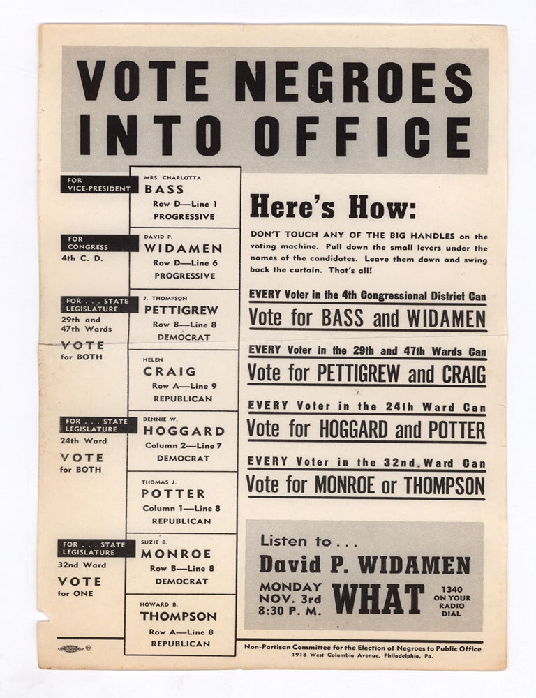 Item #9443 Vote Negroes into Office. Non-Partisan Committee for the Election of Negroes to Public Office.