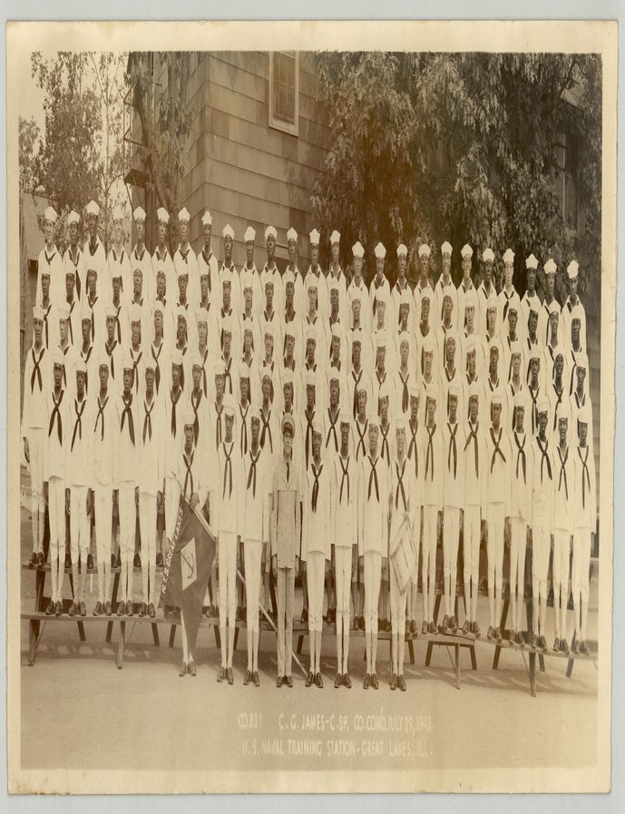 Item #9605 [Panoramic photo of] Co[mpany]. 831 C. G. James&mdash;C. SP. Co. Com&rsquo;d. July 29, 1943. U. S. Training Station&mdash;Great Lakes, Ill[inois]. U S. Navy.