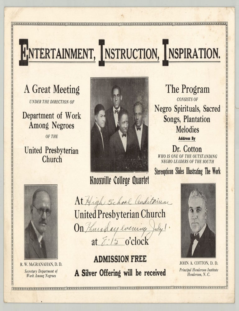 Item #9705 Entertainment, Instruction, Inspiration. A Great Meeting Under the Direction of Department of Work Among Negroes…