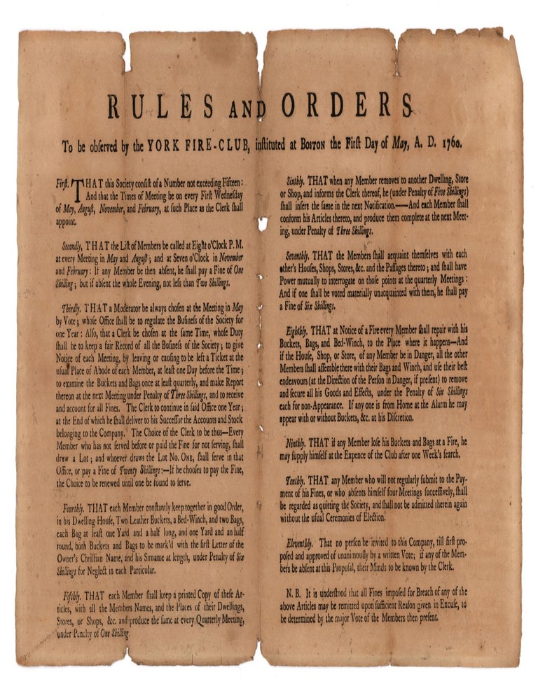 Item #9876 Rules and orders to be Observed by the York Fire-Club, instituted at Boston the First Day of May, A. D. 1760.